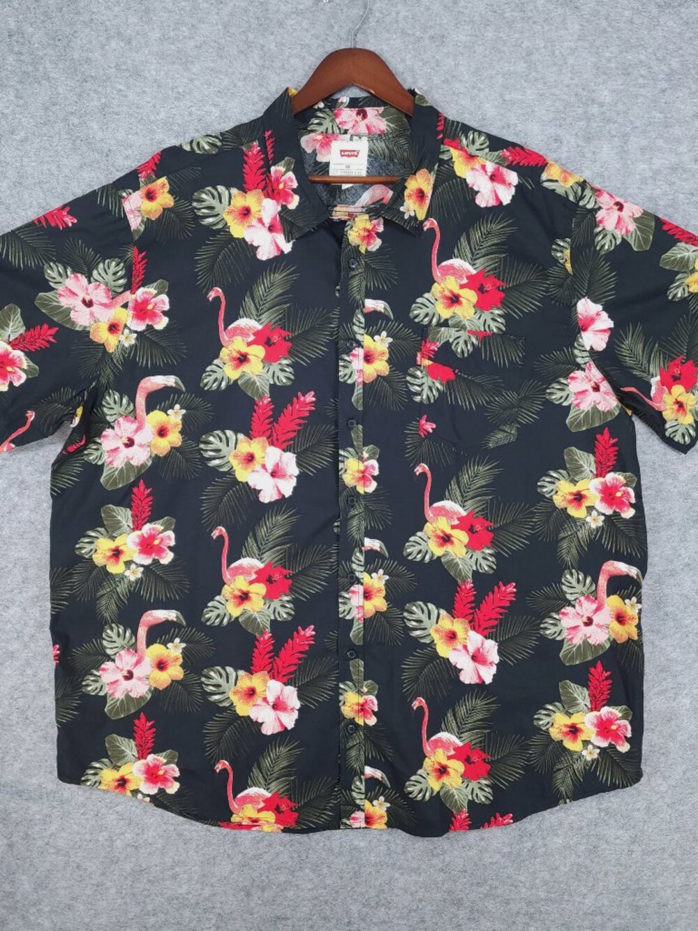Levi's Mens Big Tall 3XLT Camp Shirt Black Tropical Flamingo Floral Print Cotton